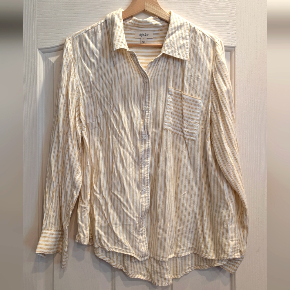 Style & Co White and Yellow Striped Long Sleeve Button Down Top Size Large